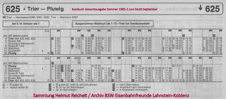 Kursbuchtabelle KBS 625 1985